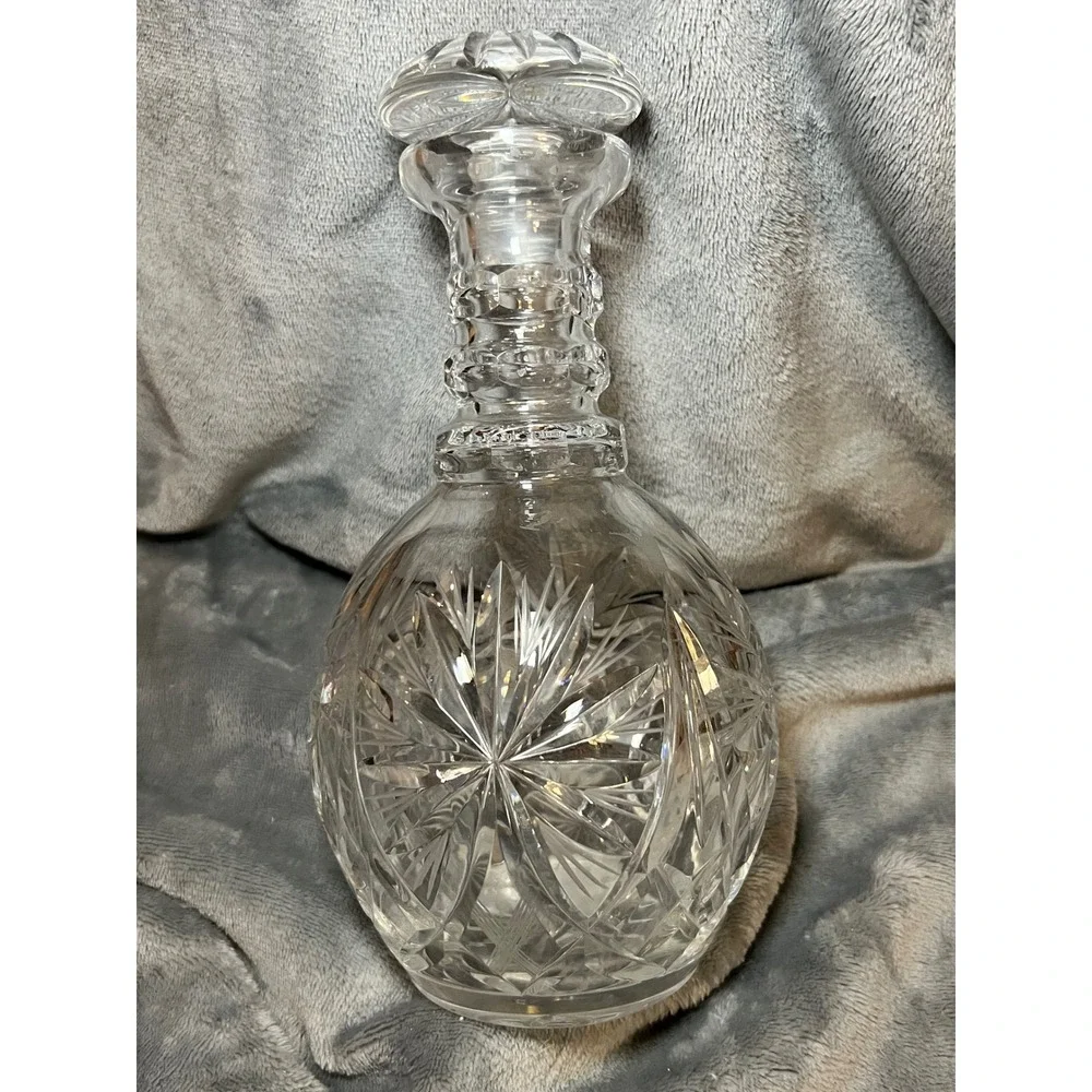 Vintage Cut Crystal Round Decanter w/ Starburst Design & Paneled‎ Stopper